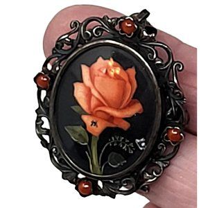 800 Sterling Silver Victorian Pendant BROOCH + PENDANT Peach Rose Bug On Flower